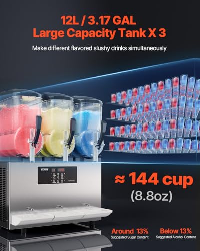 VEVOR Machine à Granité Professionnelle Commerciale, Acier Inoxydable Réservoir 144 Tasses, Boissons Glacées Margarita S
